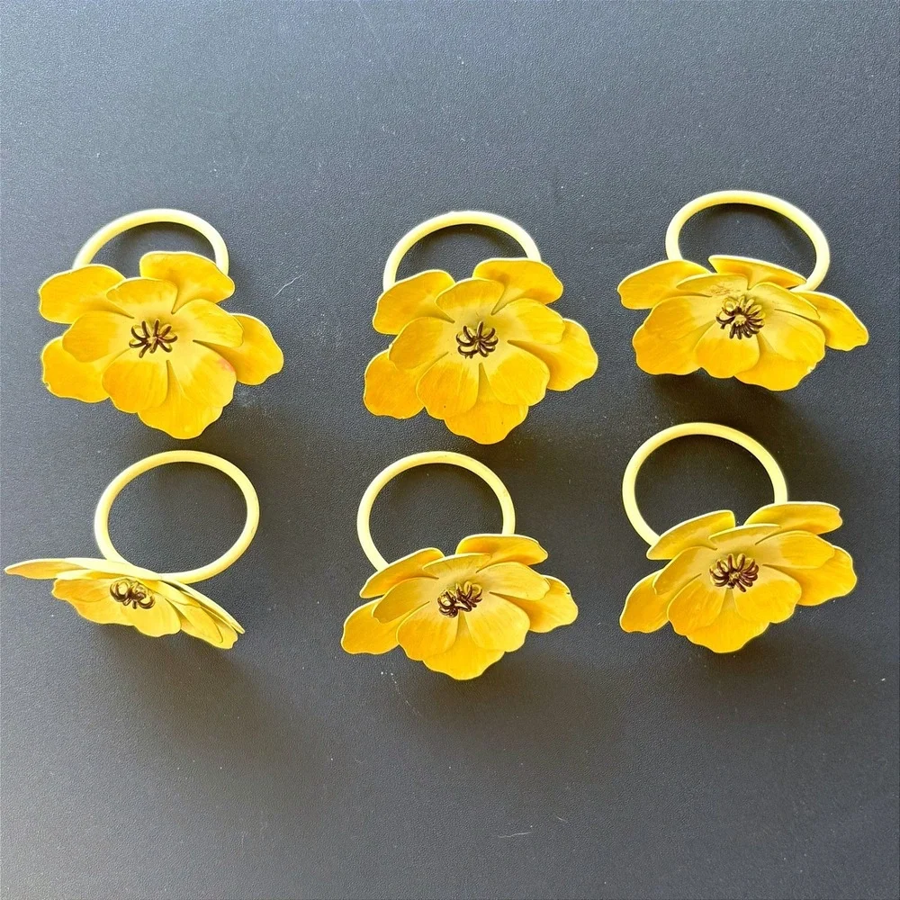 Yellow Metal Flower Napkin Rings Set of 6 Floral Botanical Table Decor Spring